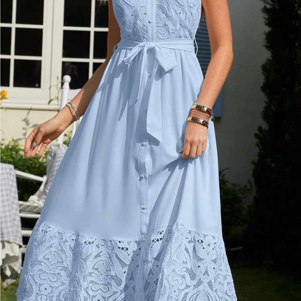 Simplee Apparel Powder Blue Lace-Trim Midi Dress